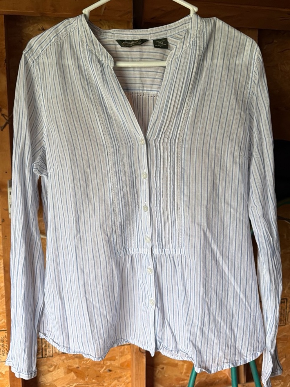 Eddie Bauer Light Blue & White Striped Cotton Button-Front Shirt
